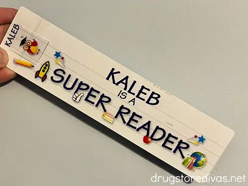 A bookmark that says Kaleb Is A Super Reader.