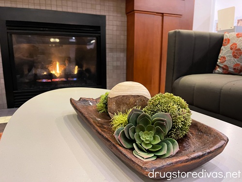 A long tray filled with fake succulents on a table with a fireplace behind it and a couch next to it.