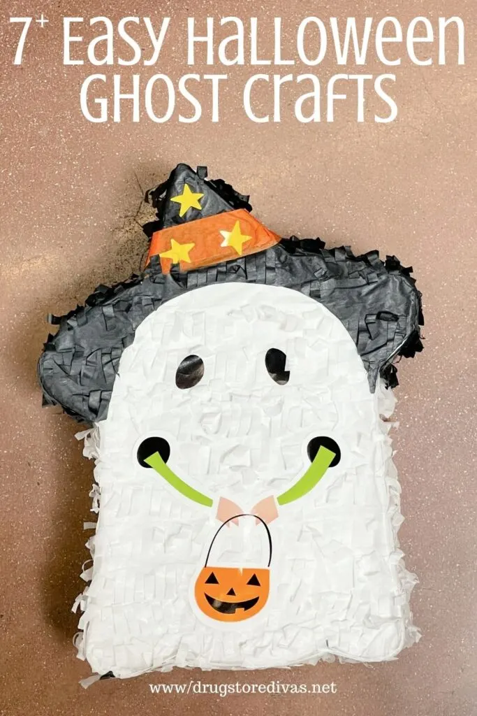 Ghost piñata with the words "7+ Easy Halloween Ghost Crafts" written digitally on top.