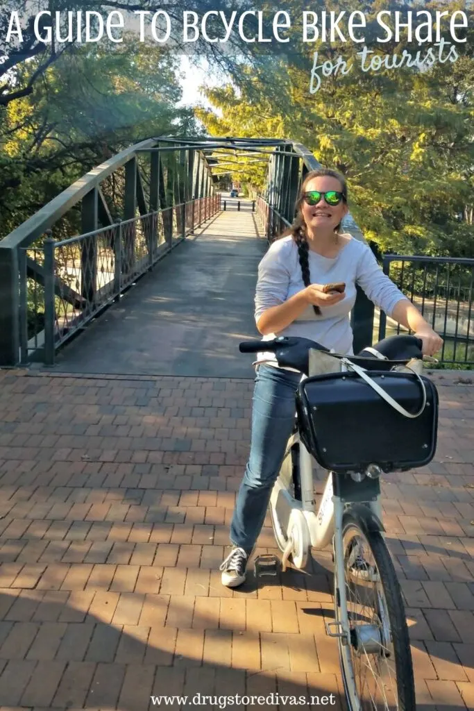 A woman on a bike on a bridge with the words "A Guide To BCycle Bike Share For Tourists" digitally written above her.