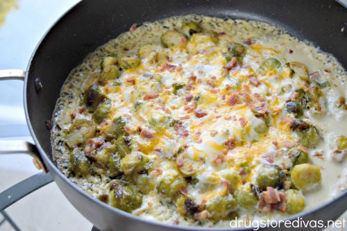 Looking for a tasty, rich but light side dish? These Creamy Cheesy Brussels Sprouts With Bacon are perfect. Get the recipe on www.drugstoredivas.net.