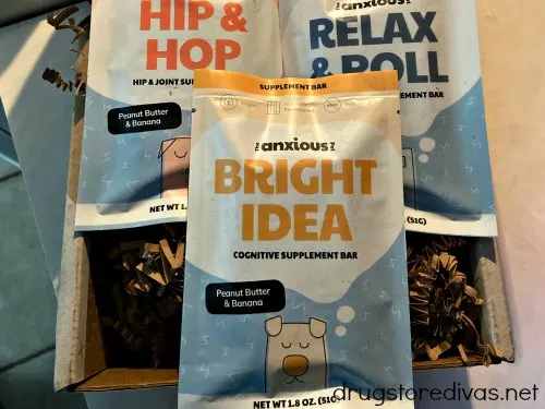 The packs of The Anxious Pet Supplement Bars.