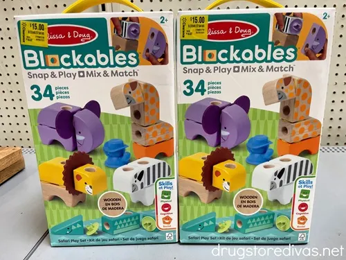Two sets of Melissa & Doug Blockables toys on a shelf.
