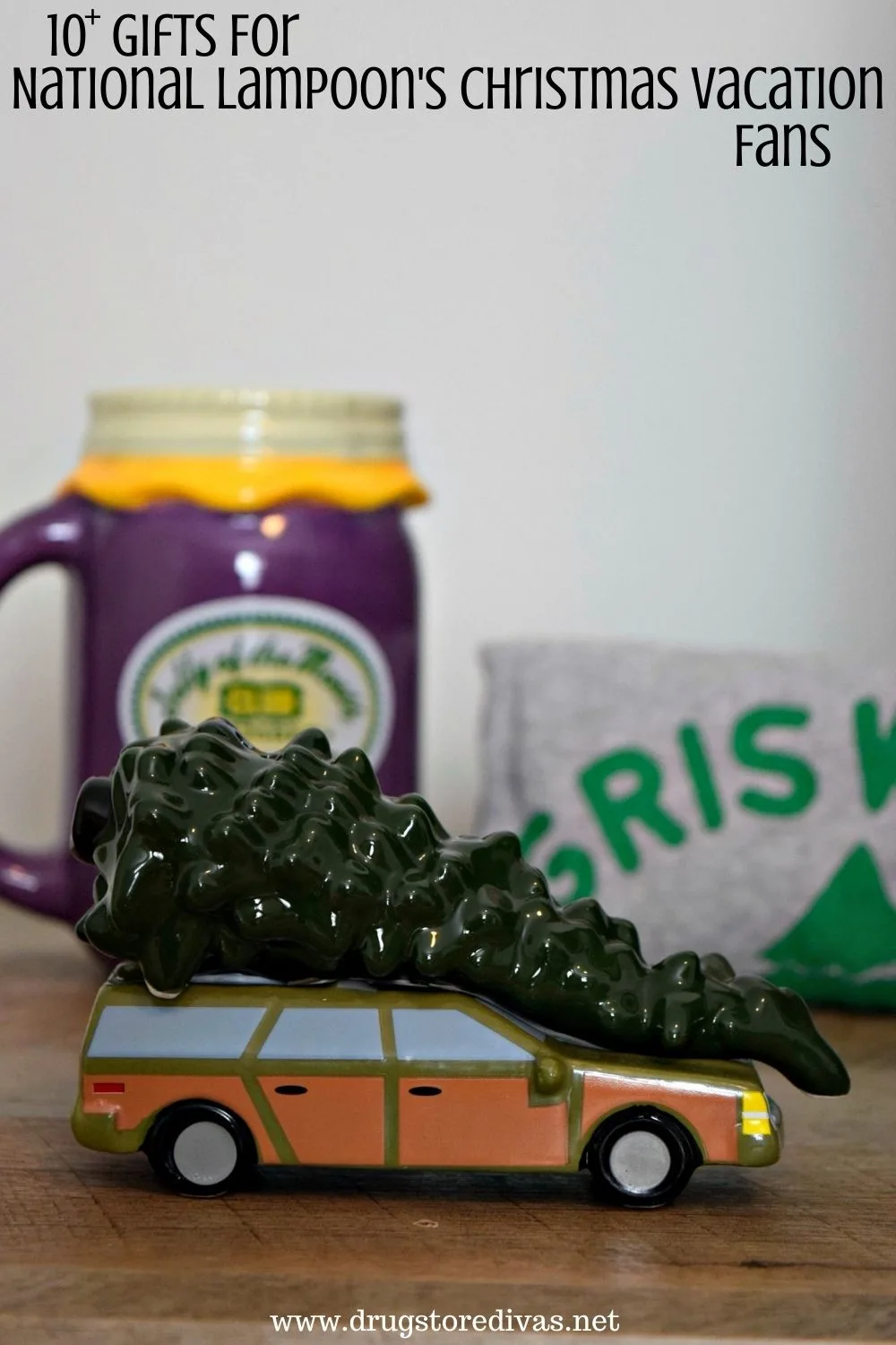 A mug, ceramic car with tree on top, and shirt with the words 