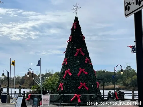 A Christmas tree and giant menorah near the Cape Fear river in Wilmington, NC.
