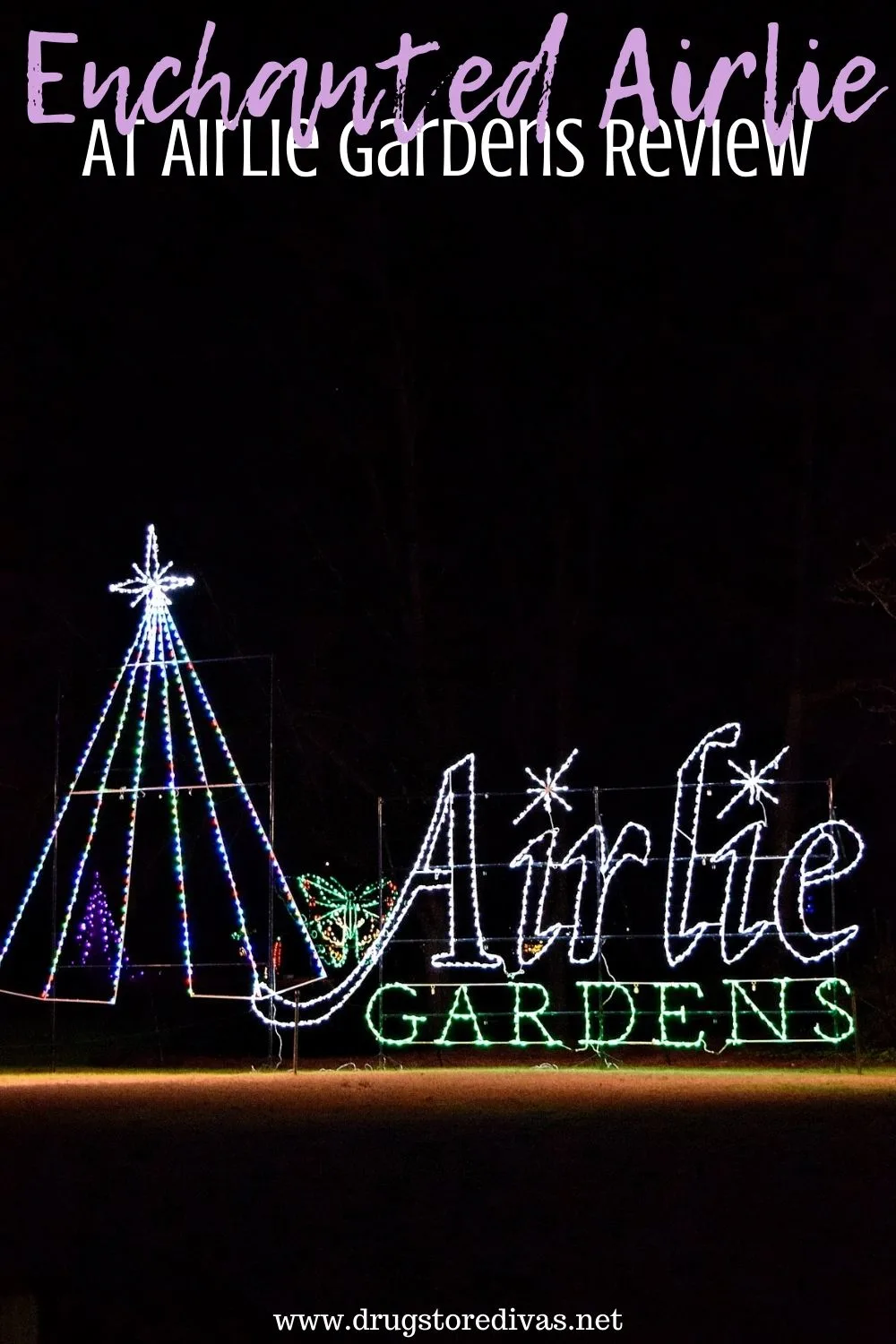 An Airlie Gardens sign in lights with the words 
