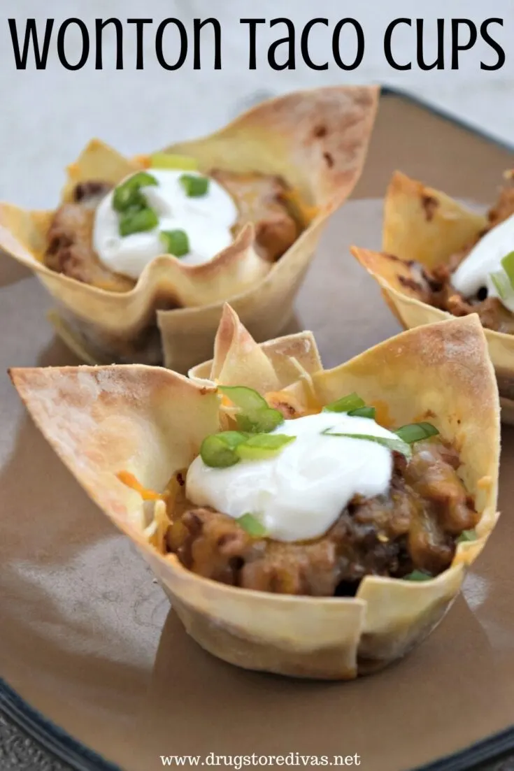 Wonton Taco Cups are a really fun one bite appetizer or snack dinner recipe. Top with sour cream, green onions, and more.
