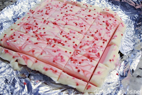 Valentine's Day Fudge cut into pieces.