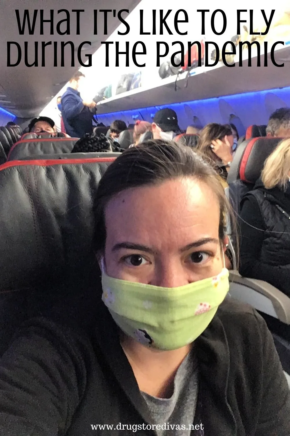 A woman wearing a mask on a plane with the words 