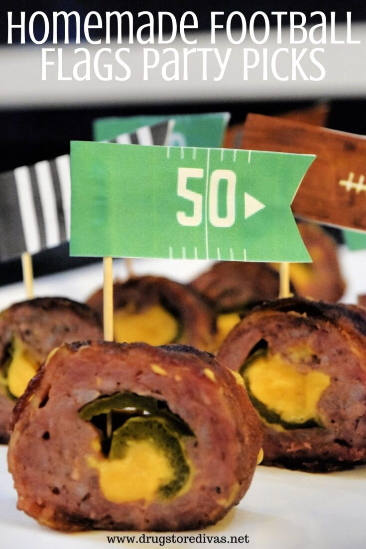 Homemade Football Flags Party Picks are a great way to dress up your football party appetizers. Get free printables and find out how to make them at www.drugstoredivas.net.