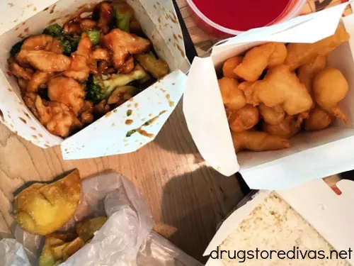 Various Chinese food in take out containers from Jade Garden in Leland, NC.