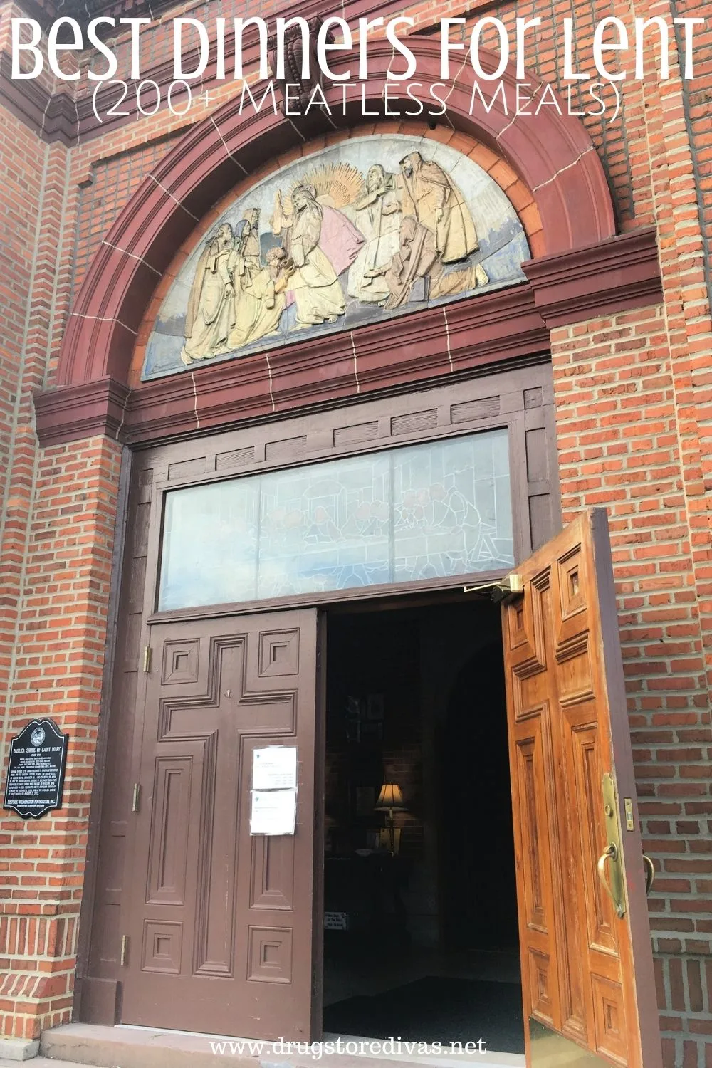 The front of a church with the words 