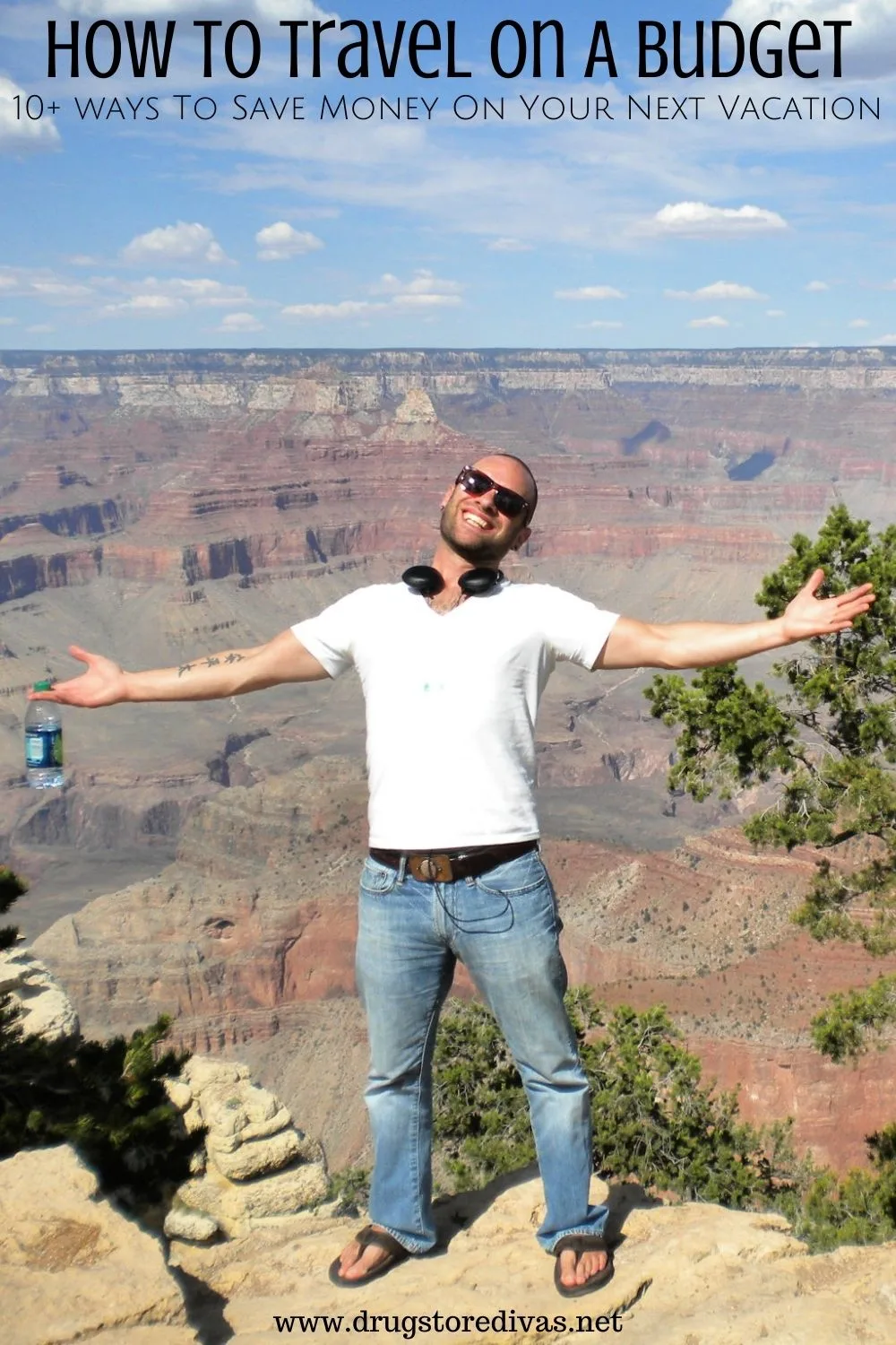 A man standing at the Grand Canyon with the words 
