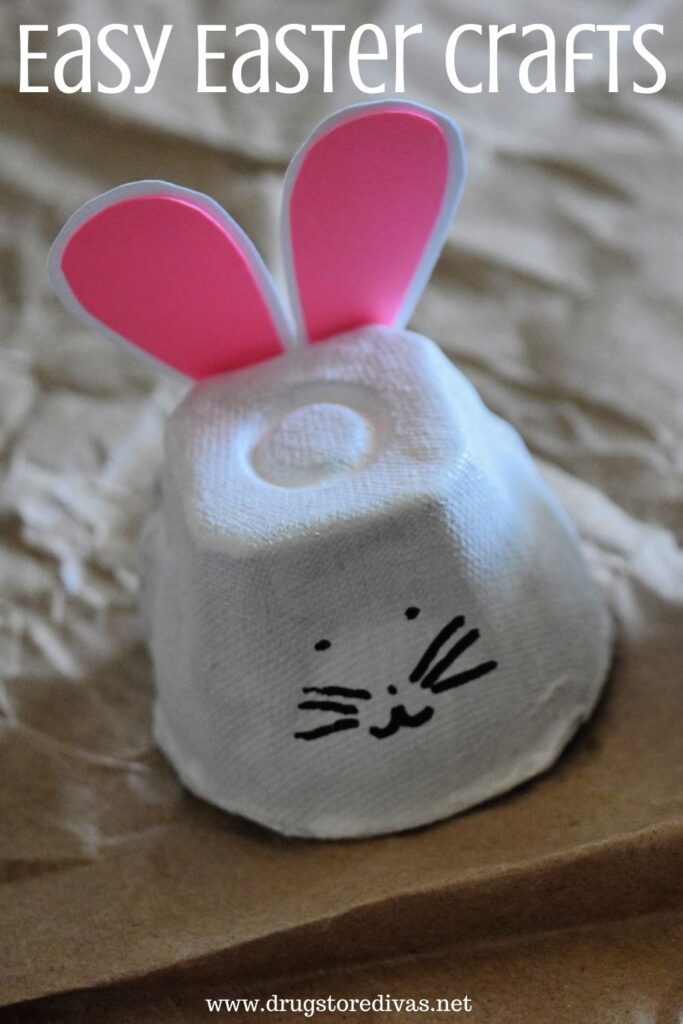 A bunny made from an egg carton with the words "Easy Easter Crafts" digitally written on top.