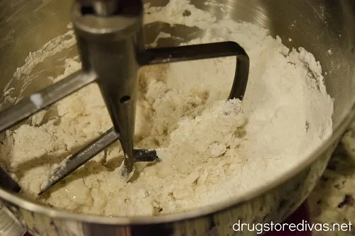 Flour in a stand mixer bowl.