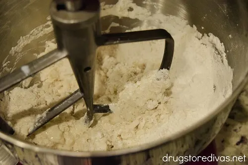 Dry ingredients in a stand mixer bowl.