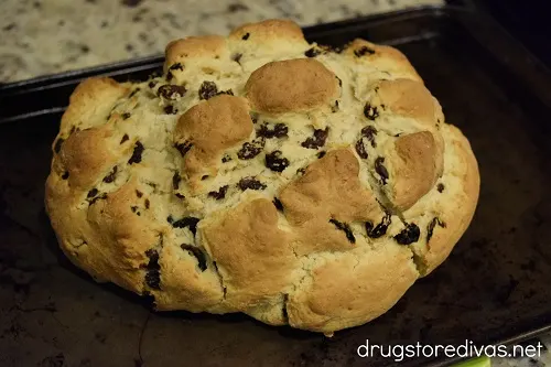 Cooked Irish Soda bread on a cookie sheet.