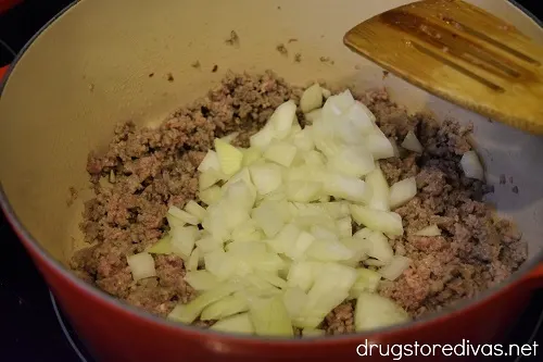 One Pot Lasagna Soup is the perfect easy one-pot meal. It's filled with sausage, tomatoes, and more. Get the recipe at www.drugstoredivas.net.