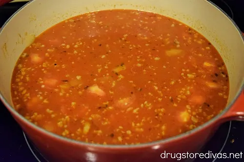 One Pot Lasagna Soup is the perfect easy one-pot meal. It's filled with sausage, tomatoes, and more. Get the recipe at www.drugstoredivas.net.