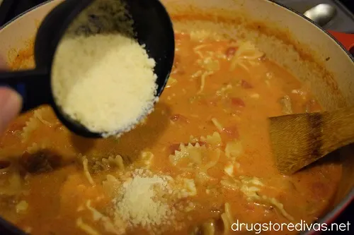 One Pot Lasagna Soup is the perfect easy one-pot meal. It's filled with sausage, tomatoes, and more. Get the recipe at www.drugstoredivas.net.