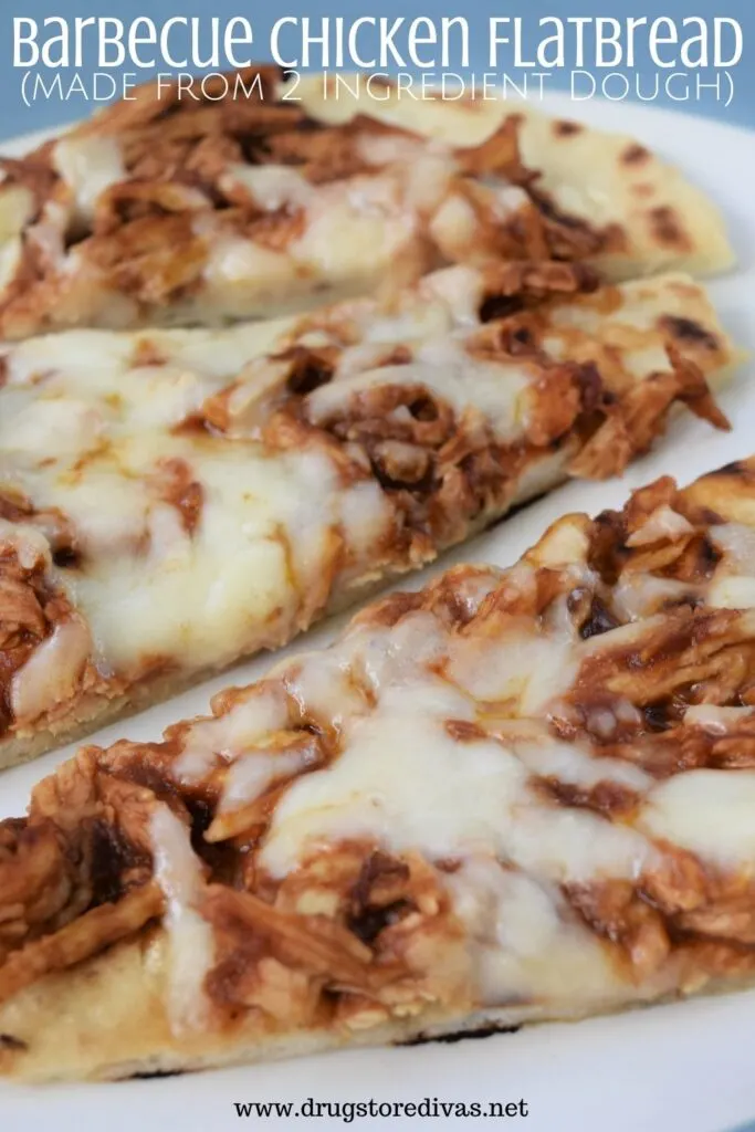 Three pieces of Barbecue Chicken Flatbread pizza on a white plate with a blue trim.