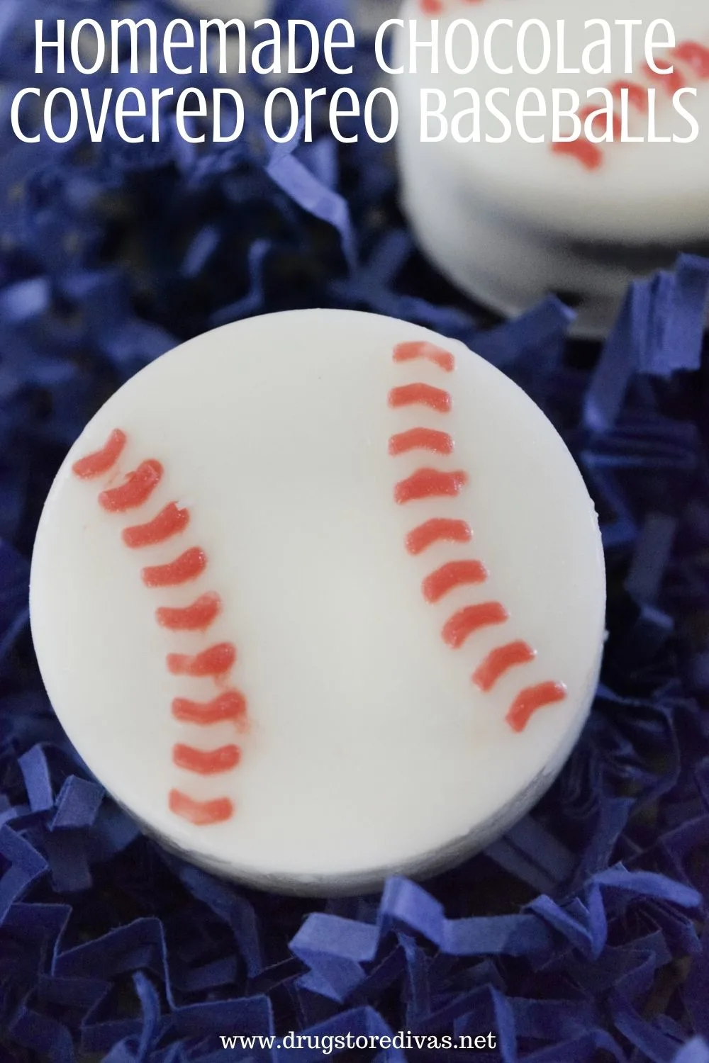 A baseball shaped cookie with the words "Homemade Chocolate Covered Oreo Baseballs" digitally written on top.