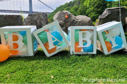 DIY Baby Blocks on display to spell out the word BABY.