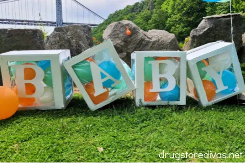 DIY Baby Blocks set up at a baby shower.