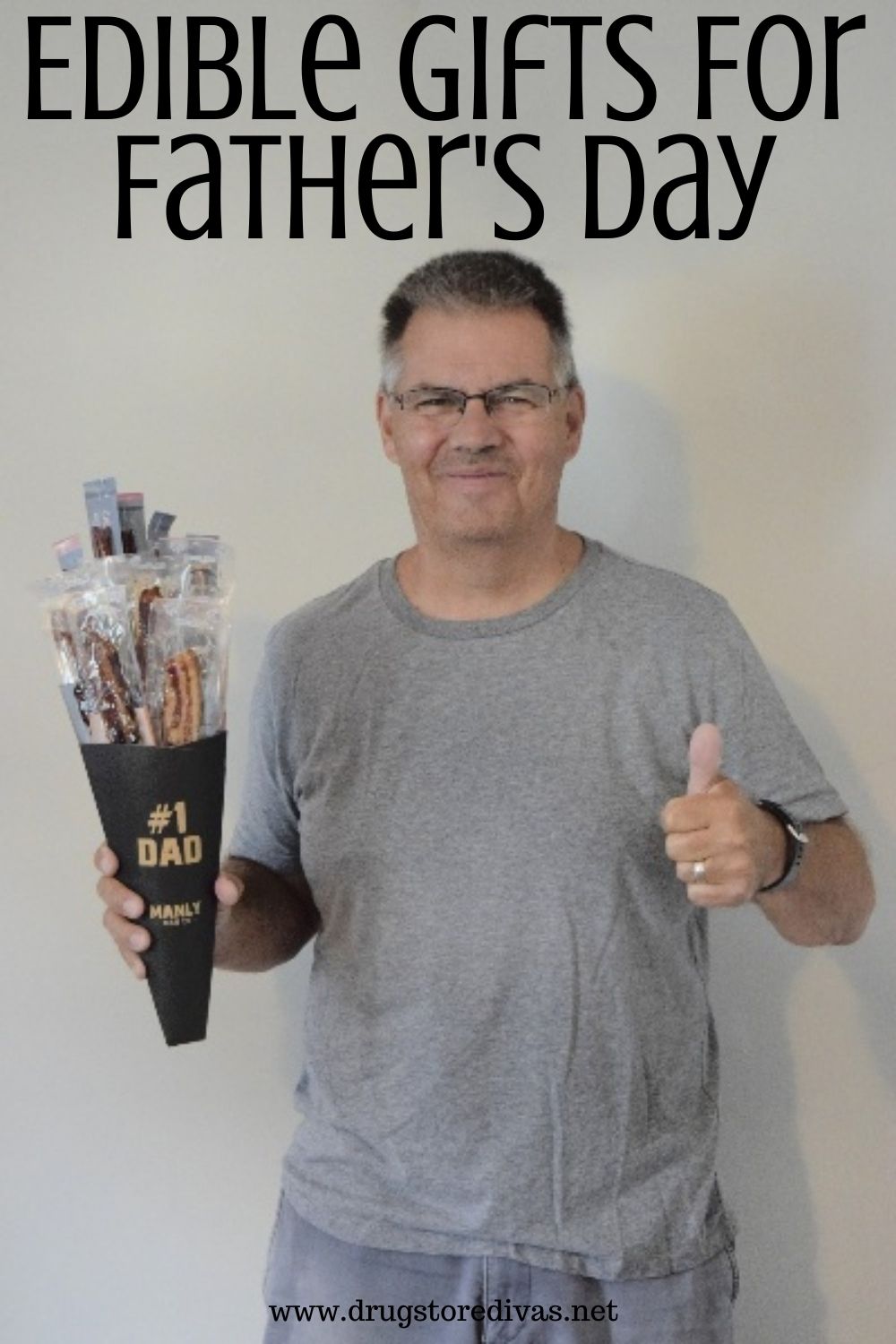 A man holding a beef jerky bouquet with the words 