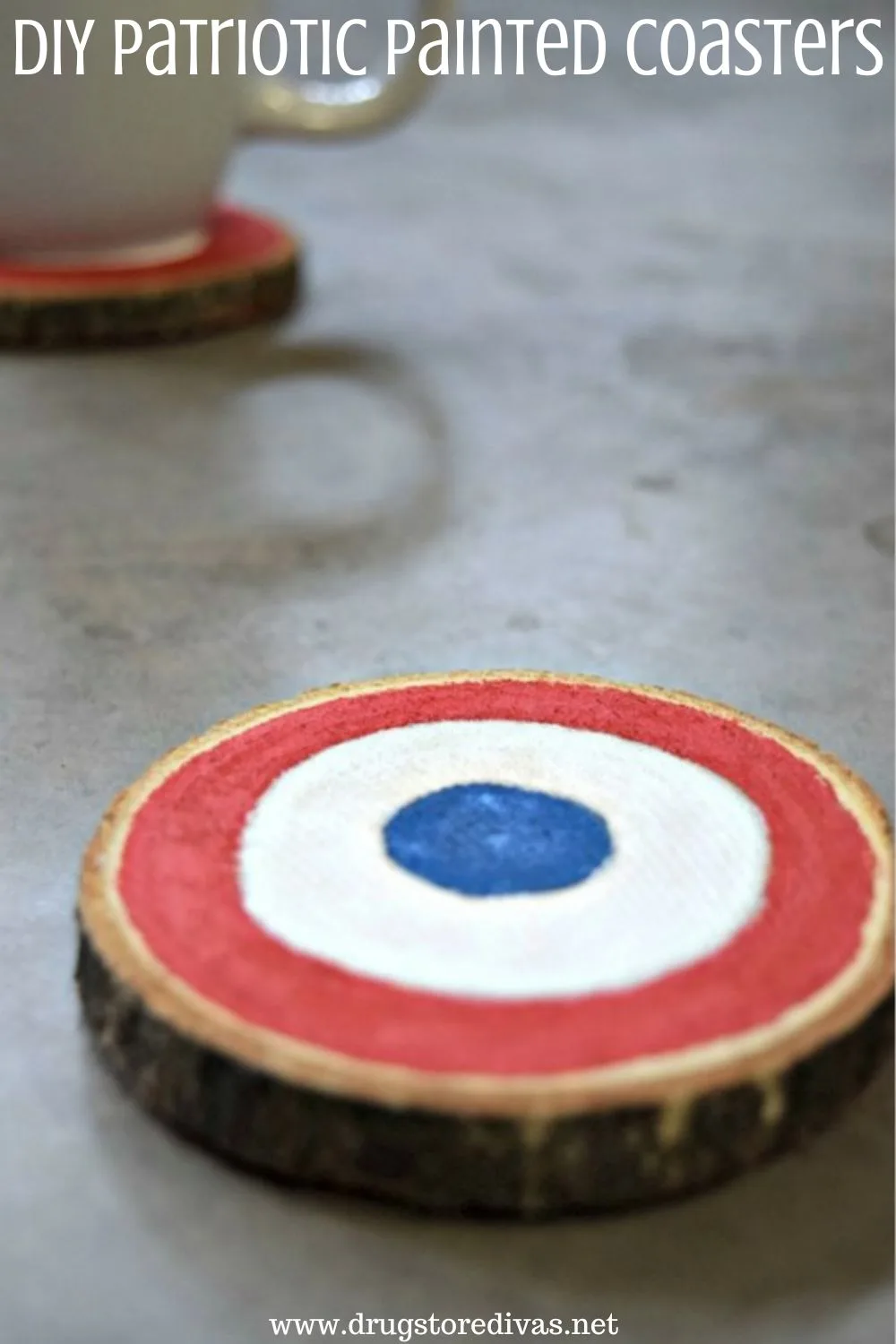A red, white and blue coaster with a cup and coaster in the back and the words 