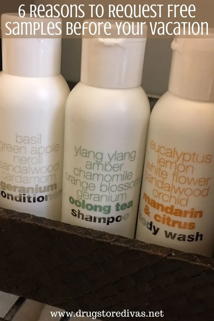 Three mini bottles of shampoo, conditioner, and body wash with the words 