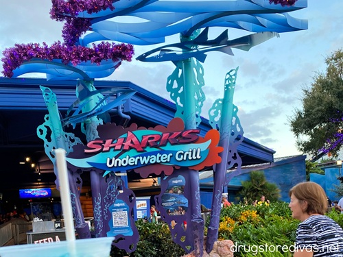 The outside of the Sharks Underwater Grill restaurant in SeaWorld Orlando.