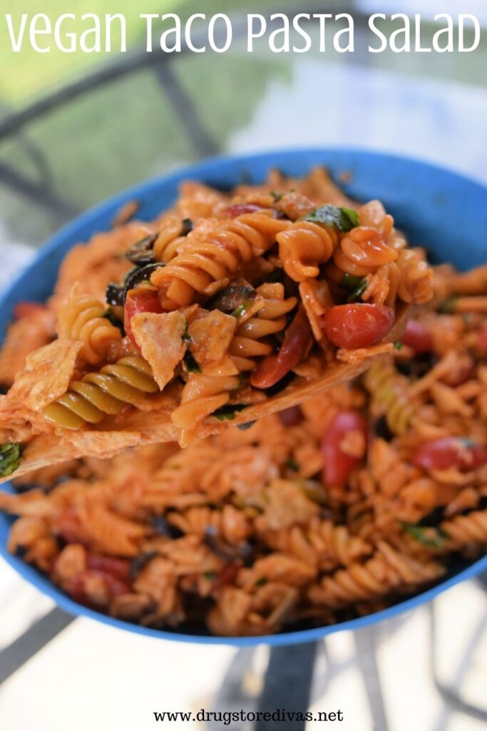 This Taco Pasta Salad is accidentally vegan, incredibly simple to make, has all the flavors of tacos, and is a mayo-free pasta salad.