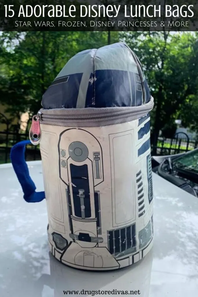 Star Wars lunch bag with the words "15 Adorable Disney Lunch Bags, Star Wars, Frozen, Disney Princesses & More" digitally written on top.