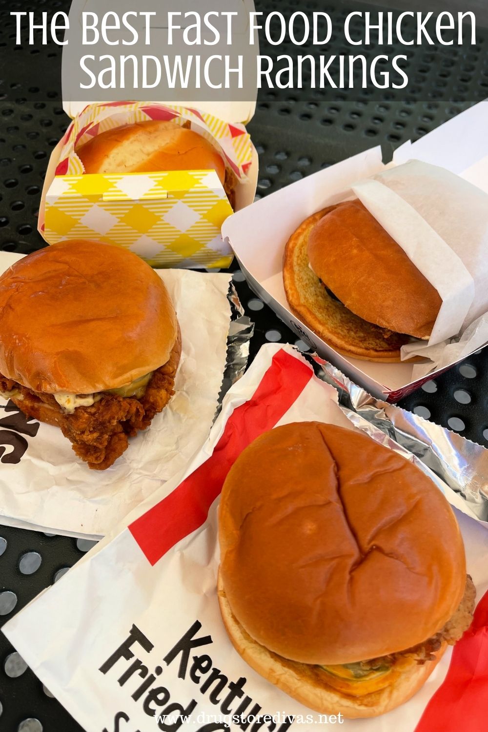 Four fast food chicken sandwiches with the words 