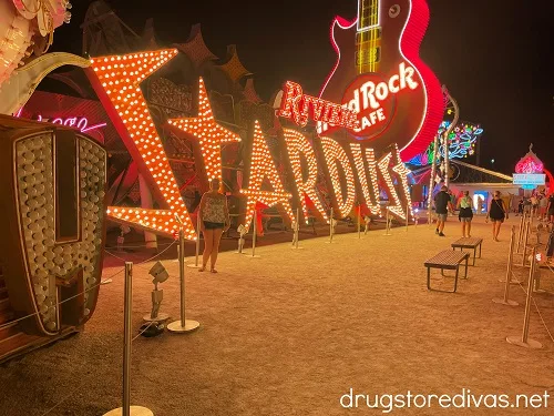 Stardust, Riviera, and Hard Rock Cafe Las Vegas signs displayed at The Neon Museum Las Vegas.