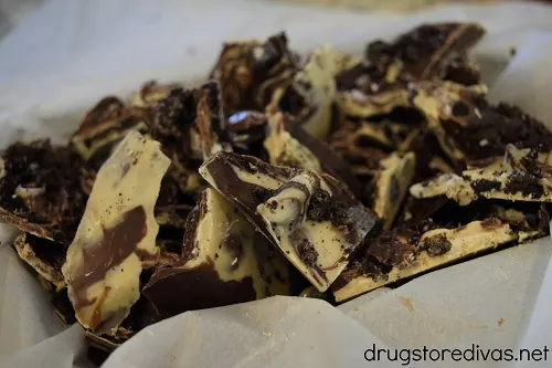 Oreo chocolate bark in parchment paper.