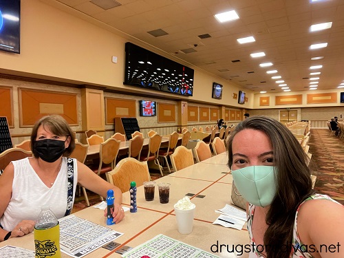 Two women in a bingo hall in Las Vegas.