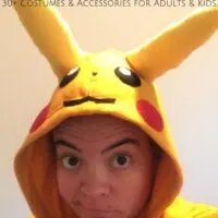 Woman in a Pikachu hoodie with the words 