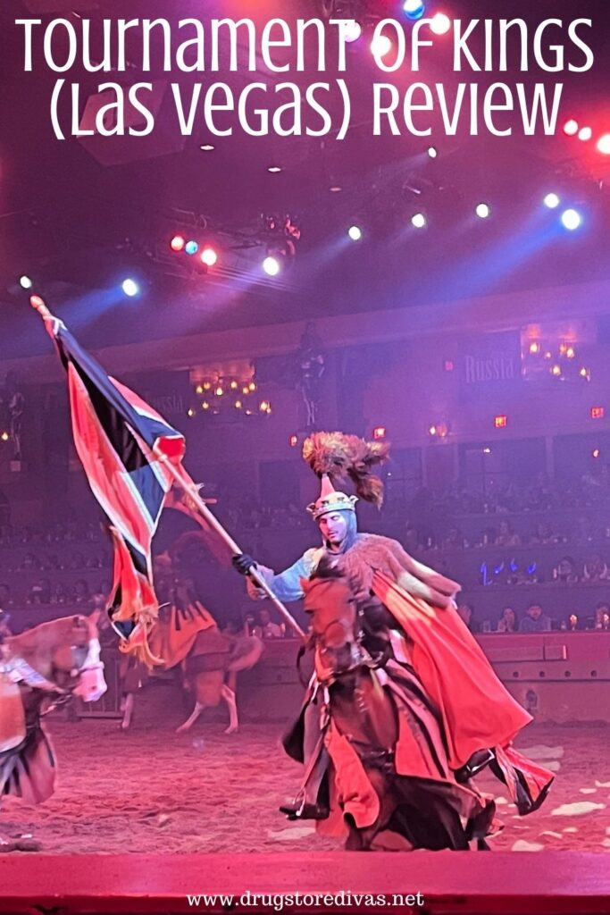 Man dressed as a knight on a horse holding a flag with the words "Tournament Of Kings (Las Vegas) re