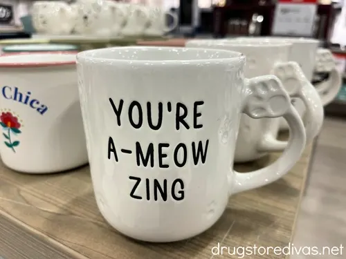 A mug with a cat paw as the handle with the words You're A-Meow Zing on it.