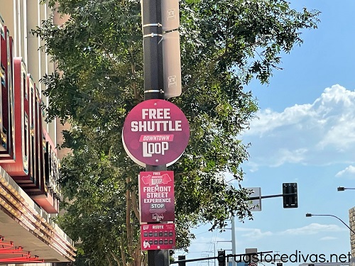 Sign advertising a stop for the Downtown Loop shuttle in Las Vegas, Nevada.