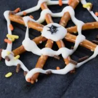 Chocolate and pretzel spider web treat with the words 