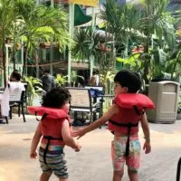 Two boys in life vests at a waterpark with the words 