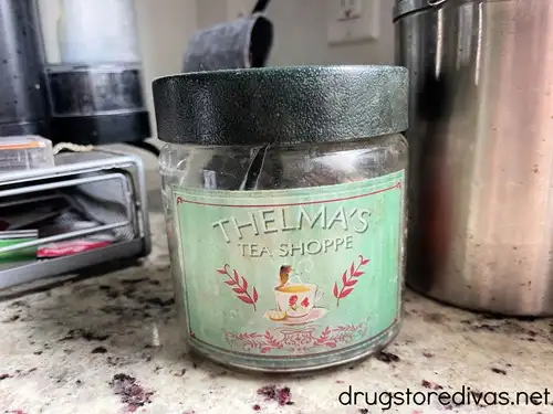 A tea canister in a kitchen.