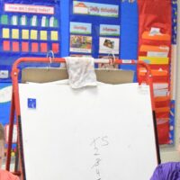 Photo of a dry erase easel in a classroom with the words 