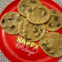 Homemade chocolate chip cookies on a plate with the words 