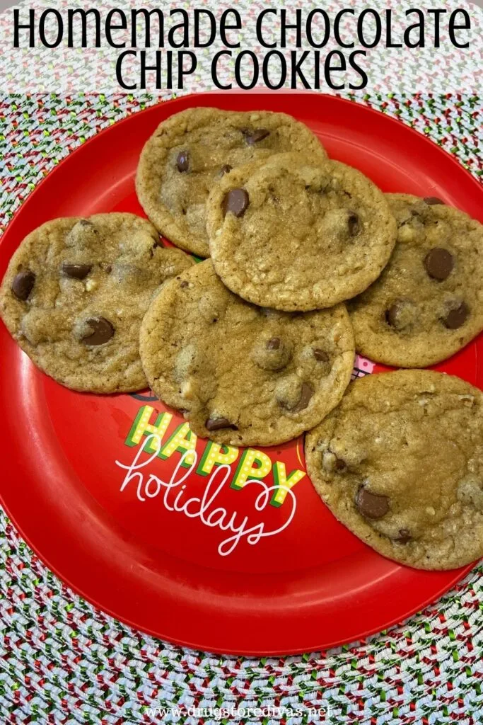 Homemade chocolate chip cookies on a plate with the words "Homemade Chocolate Chip Cookies" digitally written on top.