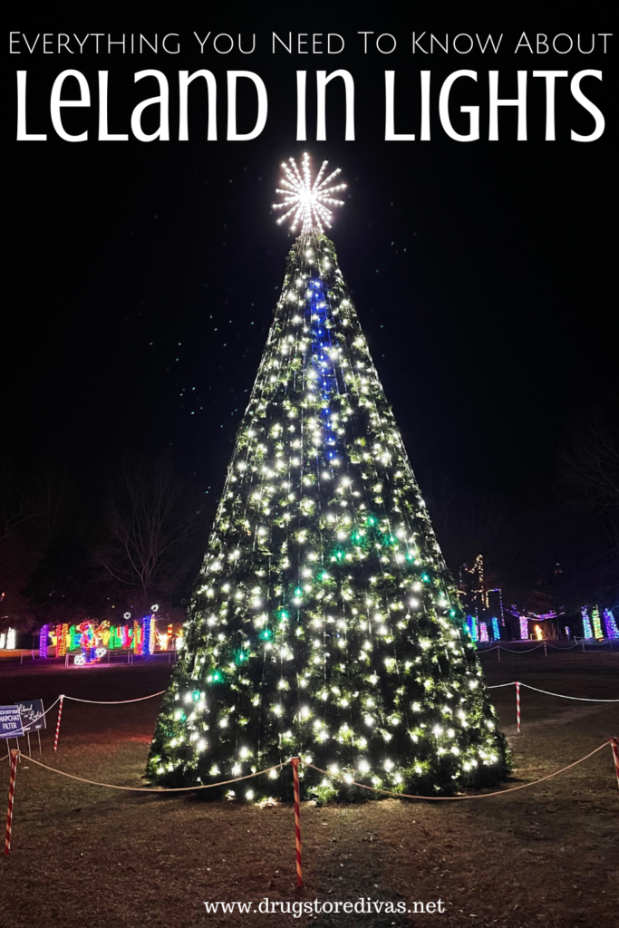 A tree lit in Founders Park in Leland, NC with the words "Everything You Need To Know About Leland In Lights" digitally written above it.