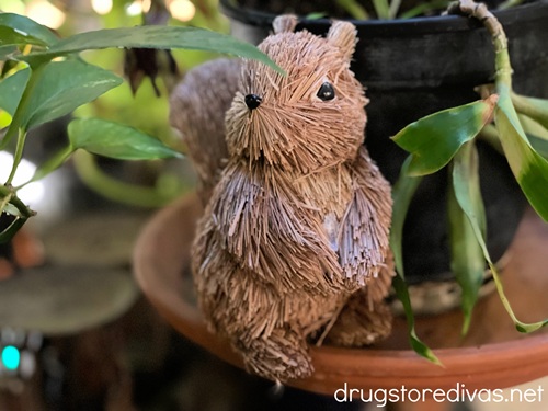 A straw squirrel sitting on a terra cotta planter surrounded by plants.